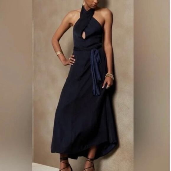 Banana Republic Halter Satin Maxi Dress Navy Medium NWT Sz M-Tall - Picture 1 of 8